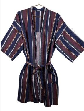 VTG 80s McGregor Made In USA Striped Lightweight Kimono Wrap Front Robe w/ Sash